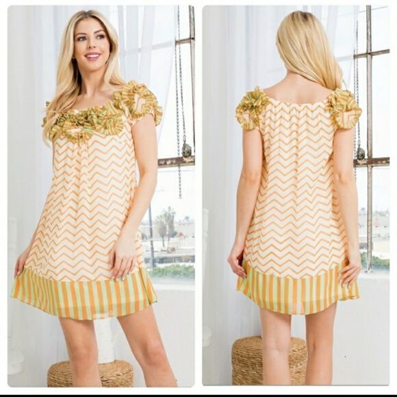 Ryu A'vere Stunning Orange & Green Chevron Mini Dress sizes S 2-4 M 6-8 L 10-12 - Picture 1 of 11